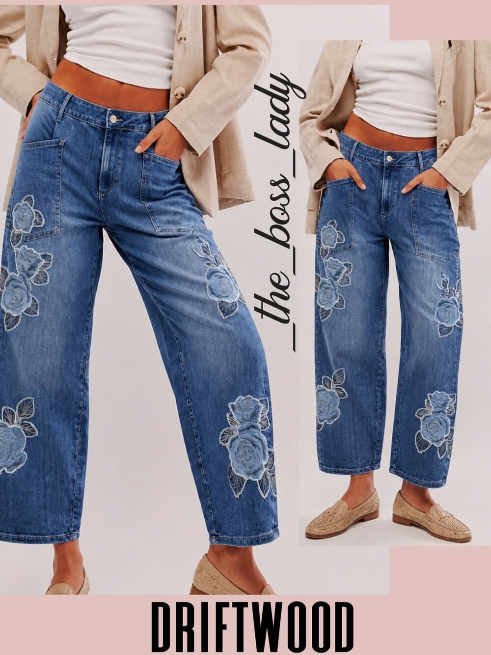 Driftwood barrel jeans relaxed wide-leg pants floral embroidered boho 31